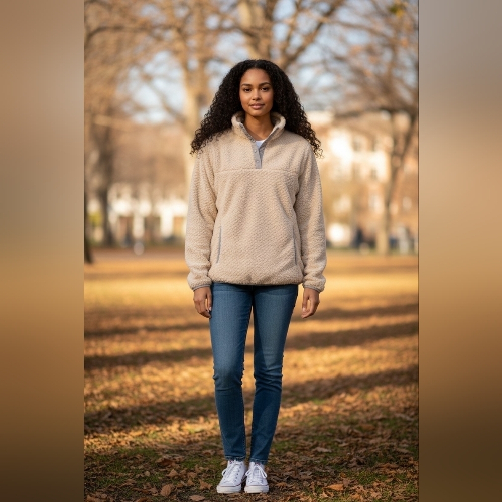 Eddie Bauer Cream Sherpa Fleece 1/4 Snap Pullover Size S